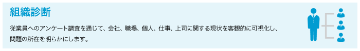 組織診断　従業員へのアンケート調査を通じて、会社、職場、個人、仕事、上司に関する現状を客観的に可視化し、問題の所在を明らかにします。